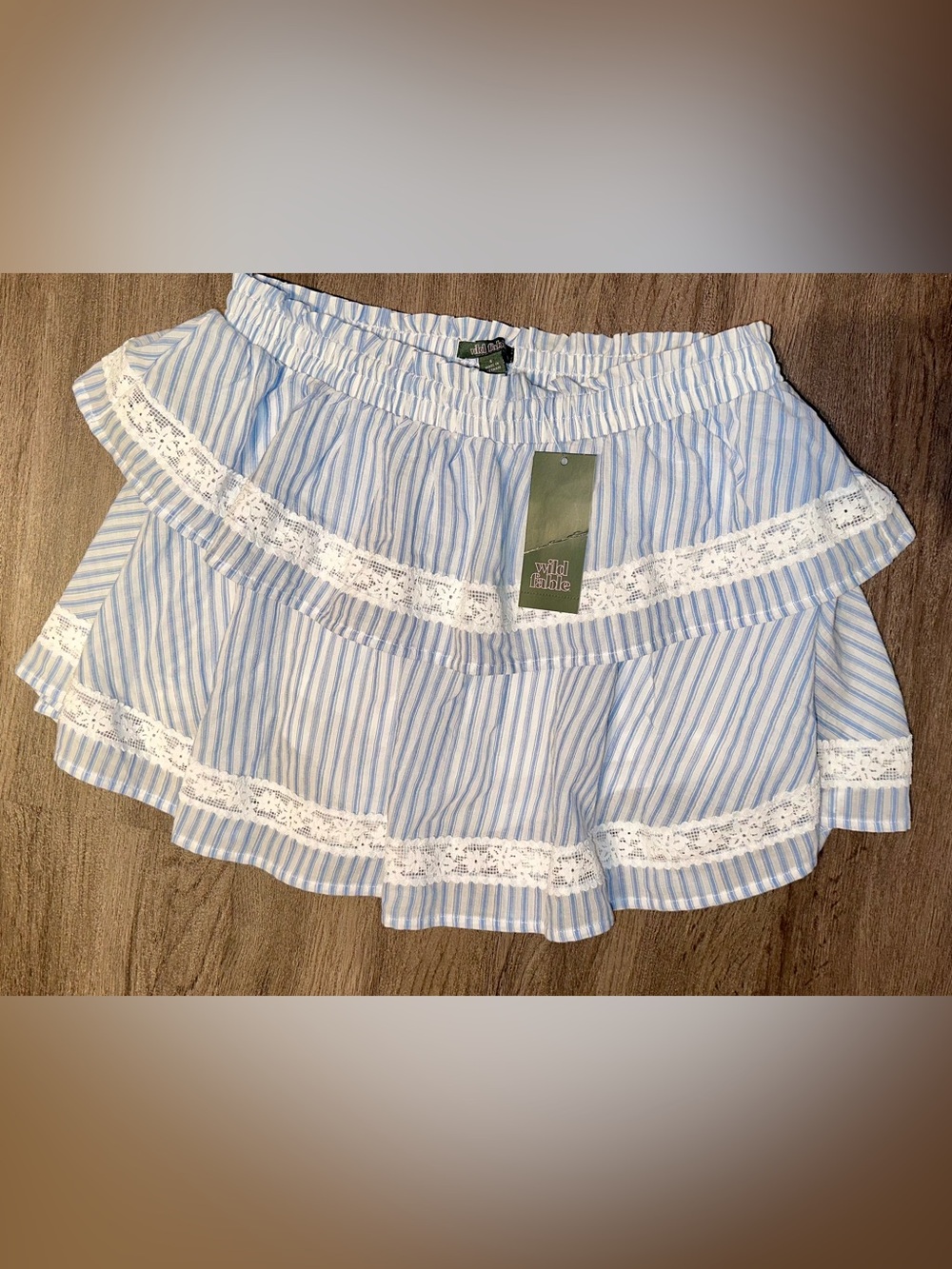 Tiered ruffle skirt with lace, blue & white stripes NWT Small - built-in shorts